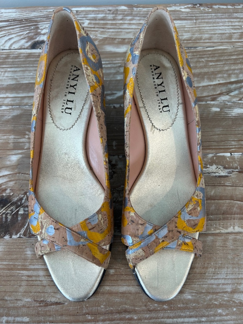 Anyi Lu Peep Toe Cork Wedges in Yellow & Grey Sz 39 (Sz 8.5-9) - EUC
